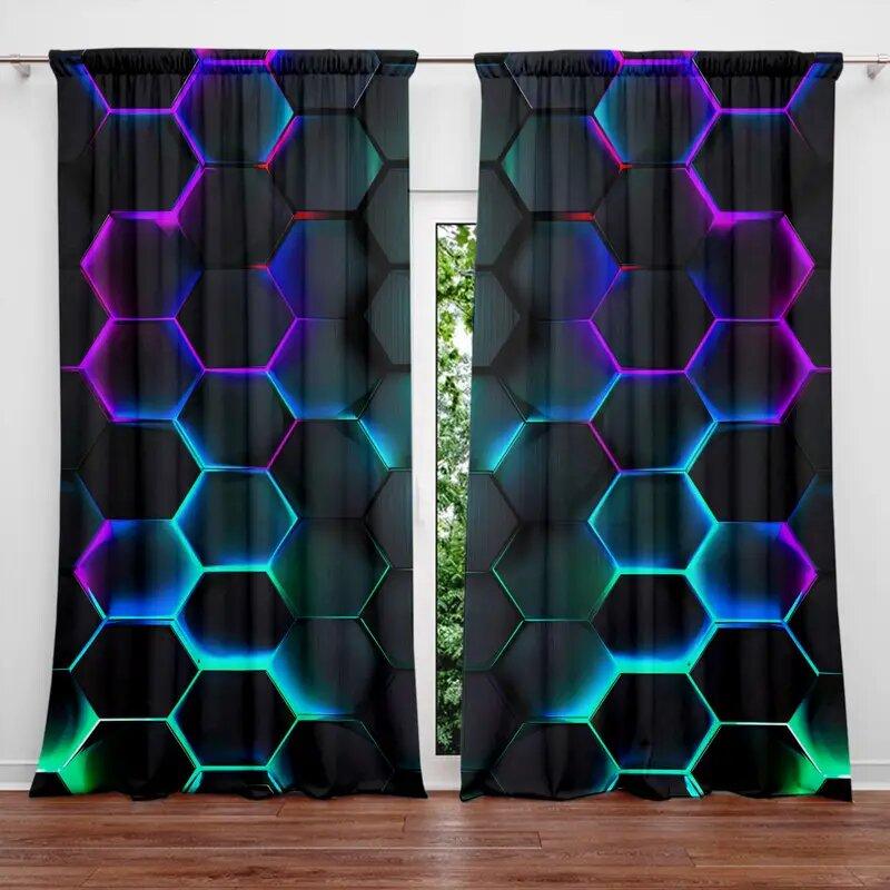 2pcs Futuristic Hexagonal Art Printed Curtains, Pole Bag Curtains 42*84, Bedroom Living Room, Home Decoration, Room Decoration