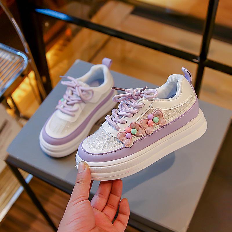 Kids White & Purple Flower Decor Breathable Mesh Casual Sneakers 26