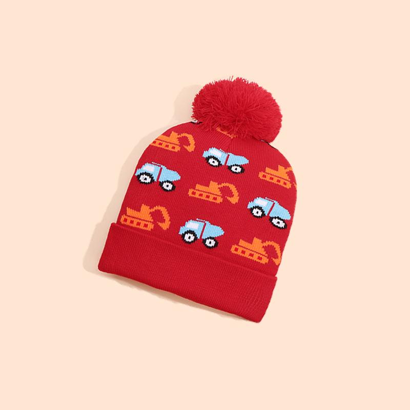 Unisex Cartoon Excavator Wool Pom-Pom Knit Hat for Kids - Warm Autumn Winter