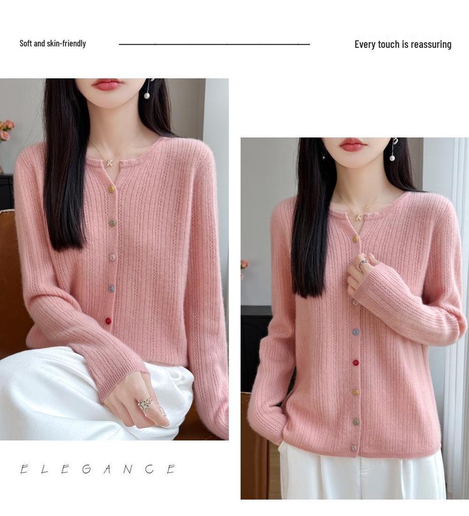 Women's Plus Size Hollow Knit Wool Cardigan - Long Sleeve, Round Neck Sweater Coat