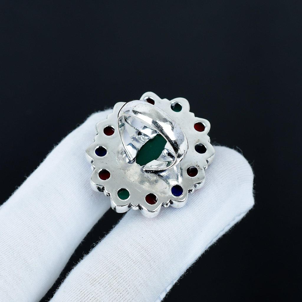 Grüner Onyx, Lapislazuli, Rote Koralle Edelsteinring, 925 Sterlingsilber Ring, Geschenk für sie, Ovaler Stein, Eleganter handgefertigter Ring, Blume Silberring