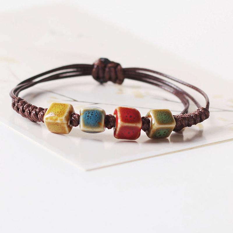 Ethnic Style Ceramic Beaded Dainty Bracelets Bangle Handmade Wax Rope Bracelets
