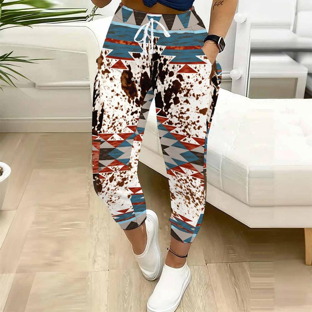 Summer Ladies Colorful Flowers Printed Sweatpants Loose Fit Drawstring Joggers Elastic Cuff Daily Casual Pants