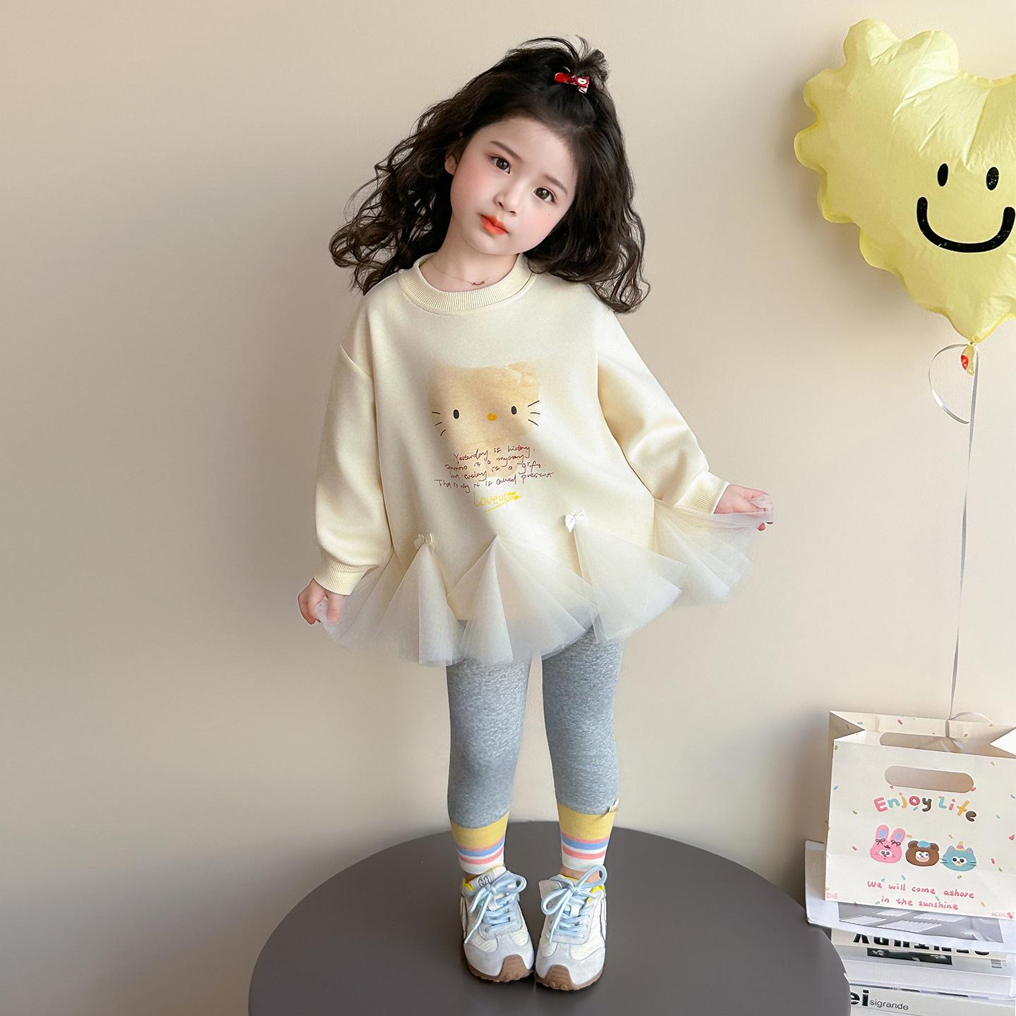 Girls  Cat Print Hoodie & Leggings Set - Spring/Autumn Two-Piece Outfit 140cm абрикосовый