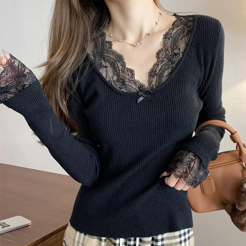 Aprikosenfarbenes Spitzenlangarmshirt für Damen-Herbstbekleidung, kann außen getragen werden, schlank und dünn, reines Wunsch-Unterhemd, gestrickter Pullover