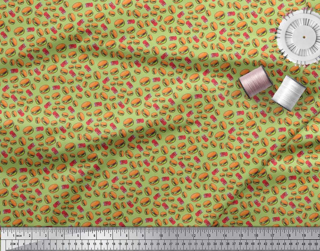 Soimoi Japan Crepe Satin Fabric Coke & Burger Food Printed Craft Fabric by the Metre 42 Inch