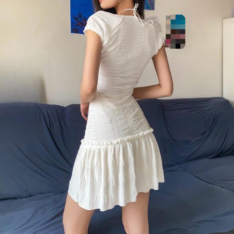 European and American Summer Women's Square Neck Hanging Neck Lace Up Pleated Slightly Transparent Design Dress