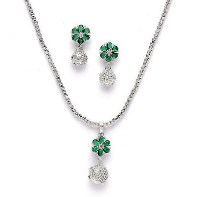 Schmuckset mit plattiertem, silberfarbenem, grünem, mit Zirkonia besetztem, floralem, niedlichem Anhänger und Ohrringen für Mädchen und Frauen