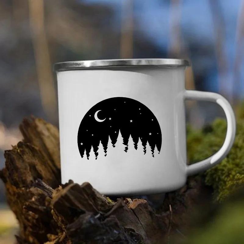Stampa 'Le Montagne Aspettano' Tazza Smaltata Creativa Campeggio Caffè Tè Acqua Latte Tazze Manico Bicchiere Vacanza Escursionismo Regalo