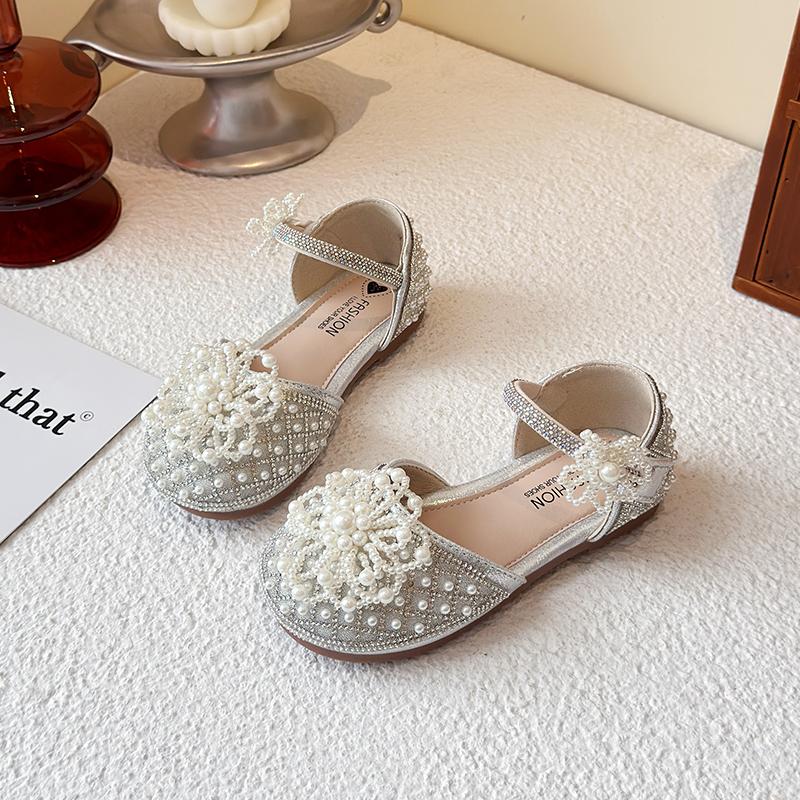 Kids Half Sandals Pearls Sweet Flowers Girls Princess Shoes Soft Sole Non-slip 2025 Summer New Children Dance Shoes Ins Trendy