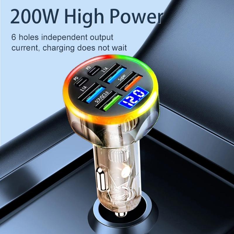 6 Port Car Chargers Digital Voltages Monitor Colorful LED Lighting For Quick Charging Multiple Devices 200W Charging Ada