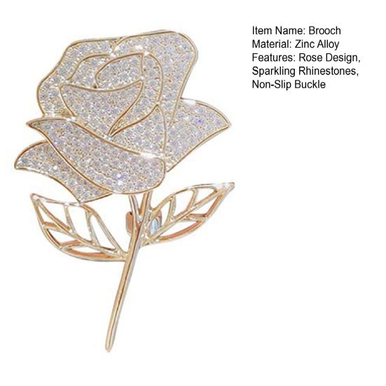 Women Brooch High-Gloss Rhinestone Inlay Sparkling Rose Flower Design Lapel Pin Non-Slip Buckle Zinc Alloy Scarf Badge