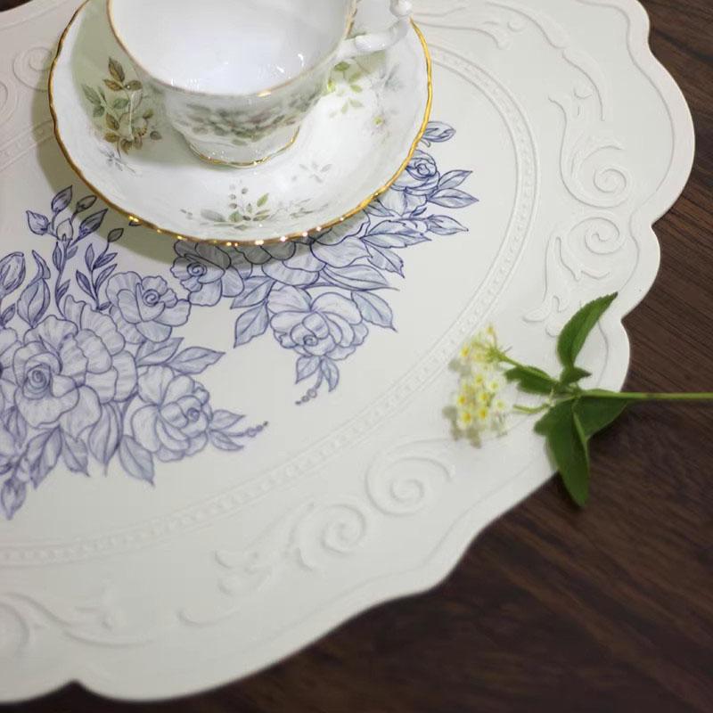 Silicone Oval Round Placemat Flower Embossed Large Lace Tablemat Non-Slip Korea Platter Mat Dining Dinner Tableware Cup Coasters