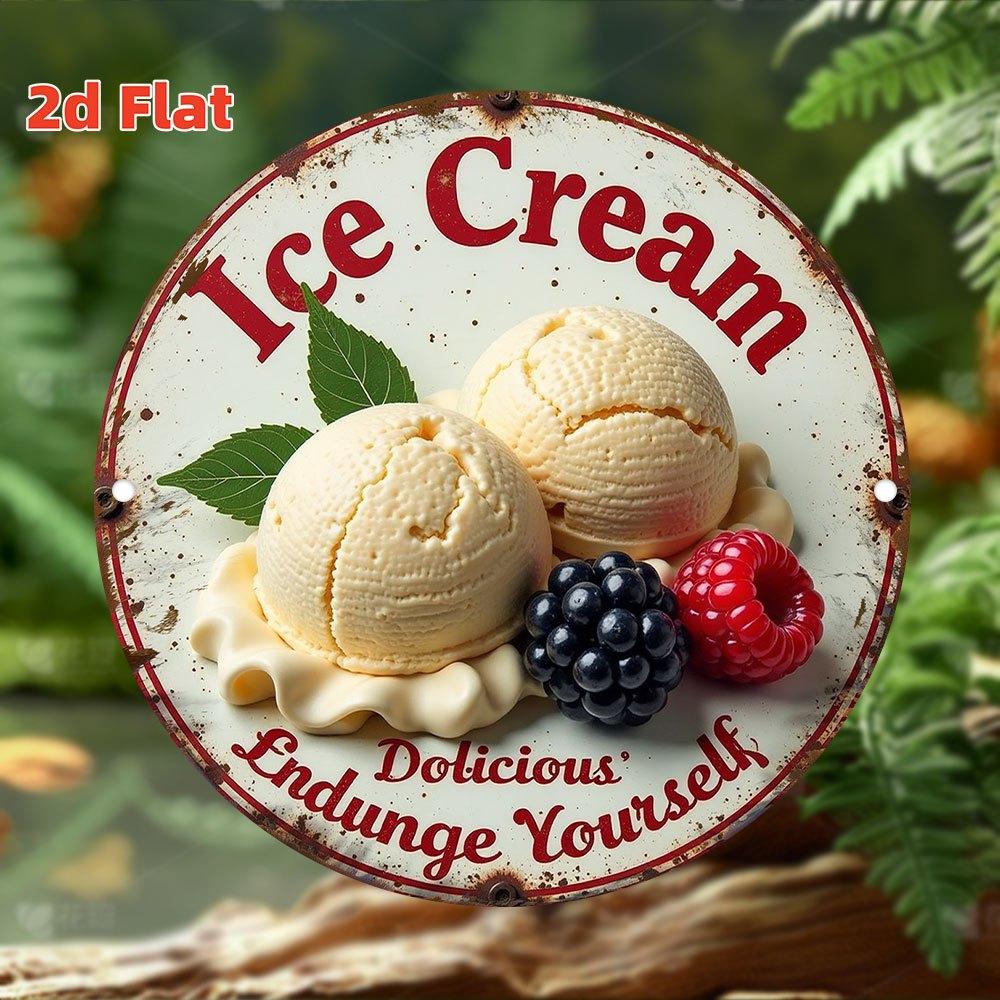 pc of a D Flat Print Metal Sign Measuring  Featuring The Retro Wall Art Ice Cream Temptation This Round Sign Includes