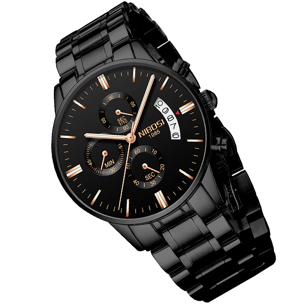 NIBOSI Men's Watch, Black, Big Face, Chronograph, Analog, Business, Casual, Metal Band, Stainless Steel, Date, Fluorescent, Luxury, Father's Day Gift
