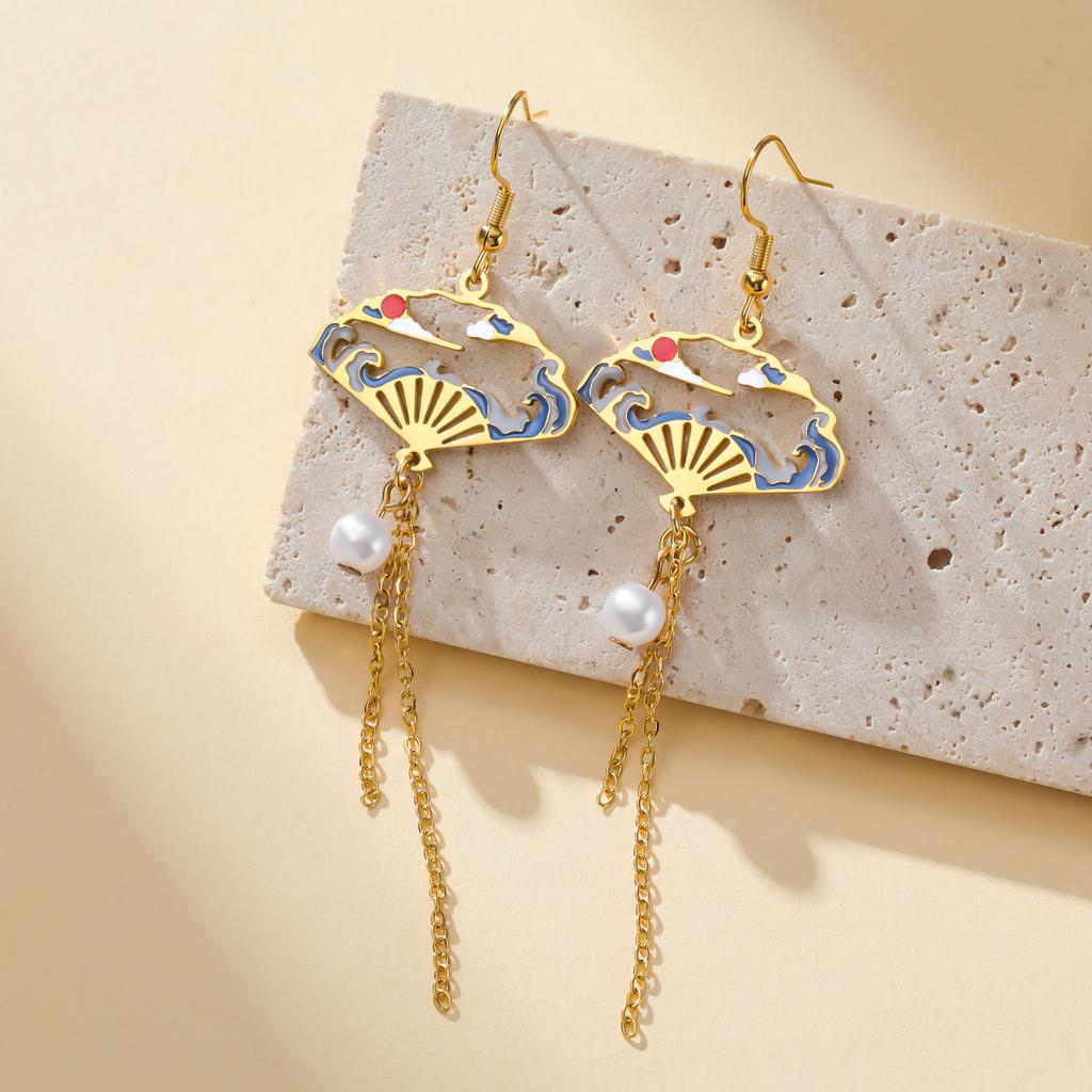 Teamer Enamel Folding Fan Charms Pearl Pendant Earrings For Women Girls Stainless Steel Hoop Earrings Fashion Jewelry Gift New