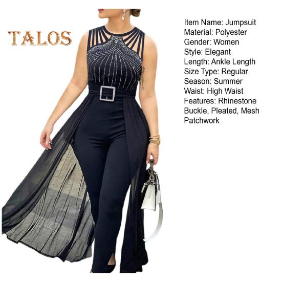 Damen Jumpsuit mit Strass-Schnallendekor, Mesh-Patchwork, plissiert, hohe Taille, ärmellos, reine Farbe, für formelle Anlässe, Party, Abschlussball