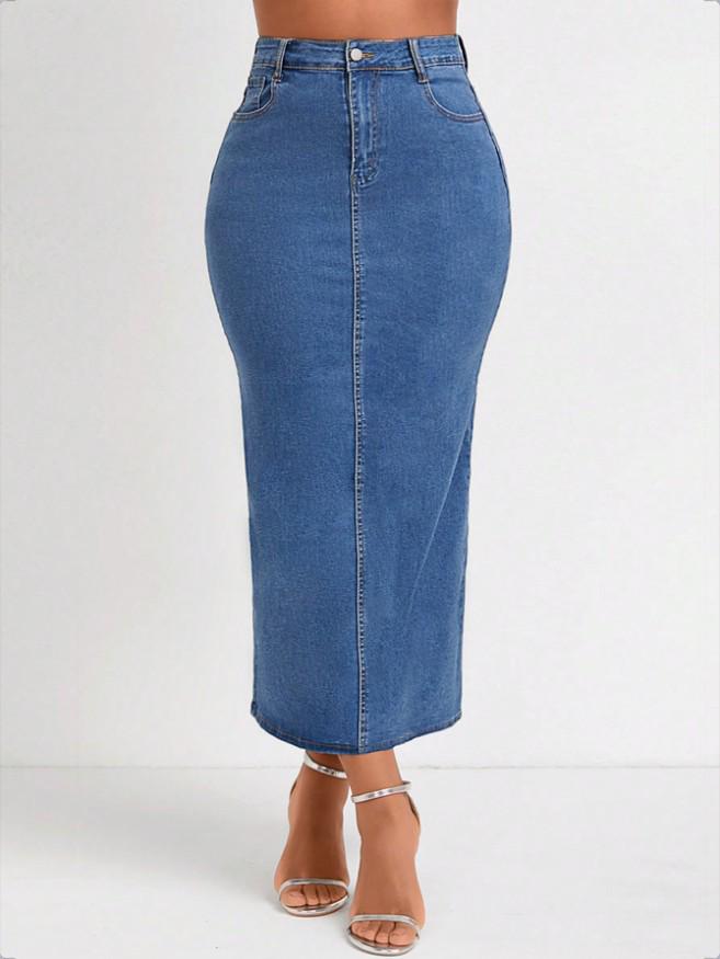 High-Waisted Slimming Denim Midi Skirt with Slit