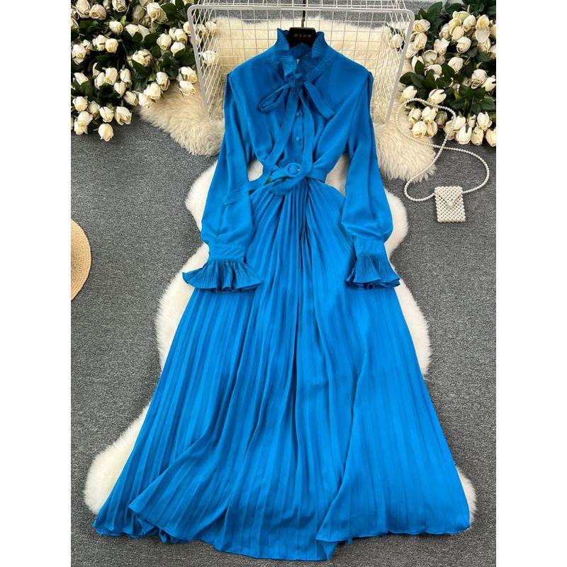 Long Sleeves Dress Spring Women's 2024 New Arrival French Elegant Retro Bows Shoelace Waist-Controlled Large Hem Chiffon Dress