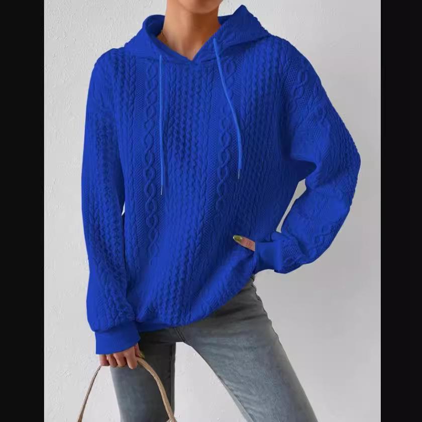 European & American Autumn Plus Size Women's Jacquard Long Sleeve Tie-Up Hooded Knit Sweatshirt, 2023