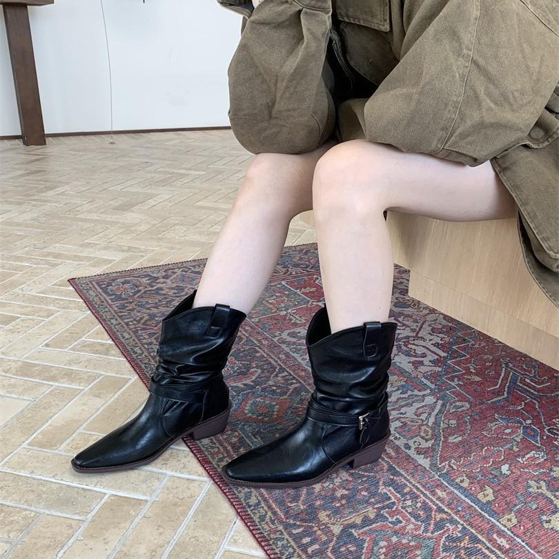 Queen Fan retro thick heel western cowboy boots women's 2025 new autumn with skirt, thin and heightened short boots