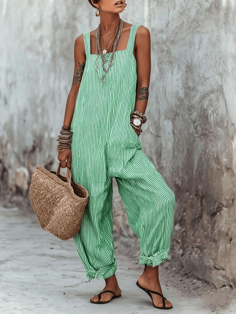 Women's Sleeveless Side Tie Wide Leg Jumpsuit Striped Casual Romper