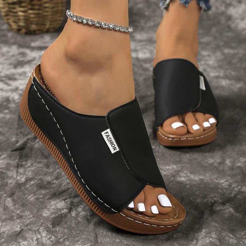 Fashion Lightweight Peep Toe Wedges Slippers Women Summer Platform Thick Sole Sandals Woman Plus Size Pu Leather Slides Shoes Mujer 43