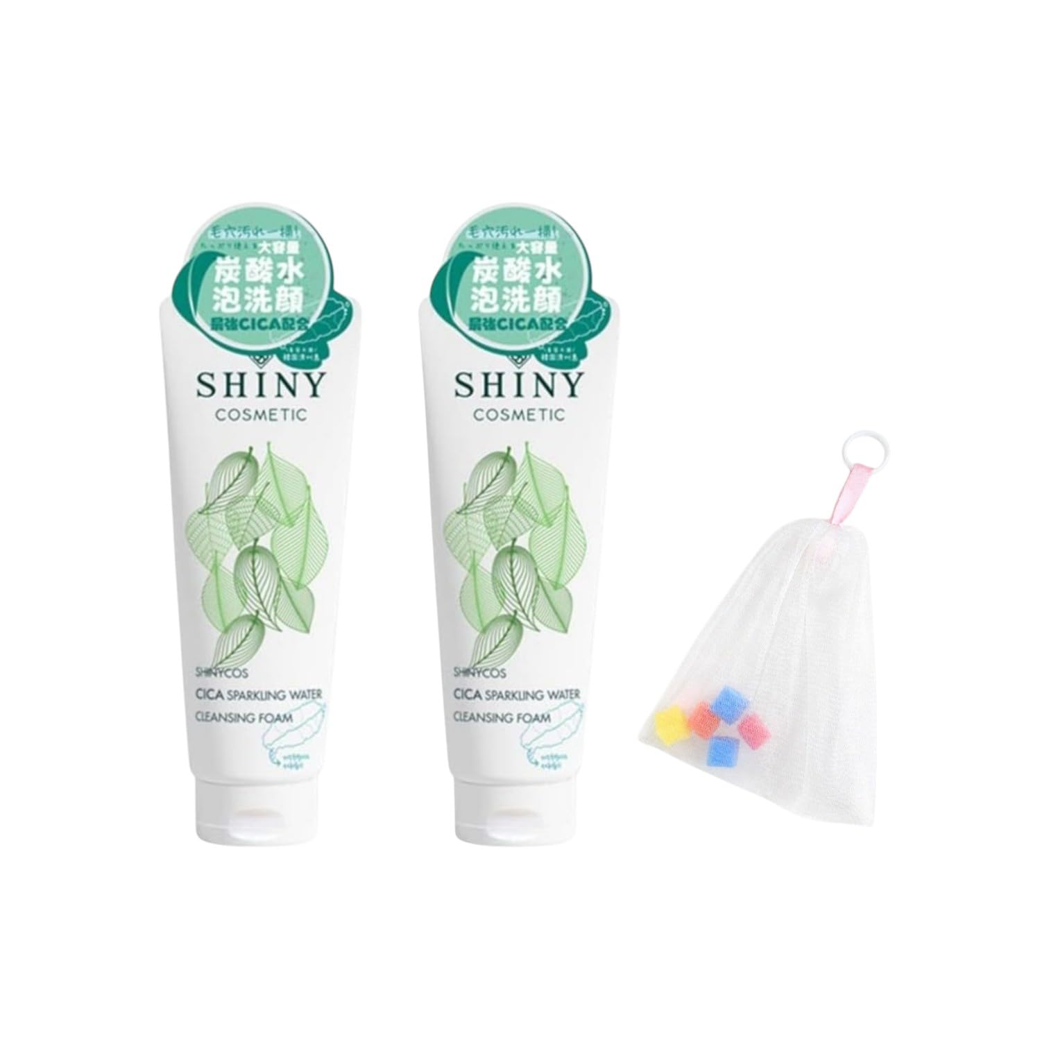 SHINYCOSME Cica Carbonated Water Cleansing Foam 250ml x 2 bottles + Fluffy Foaming Face Wash Net (with hanging ring)