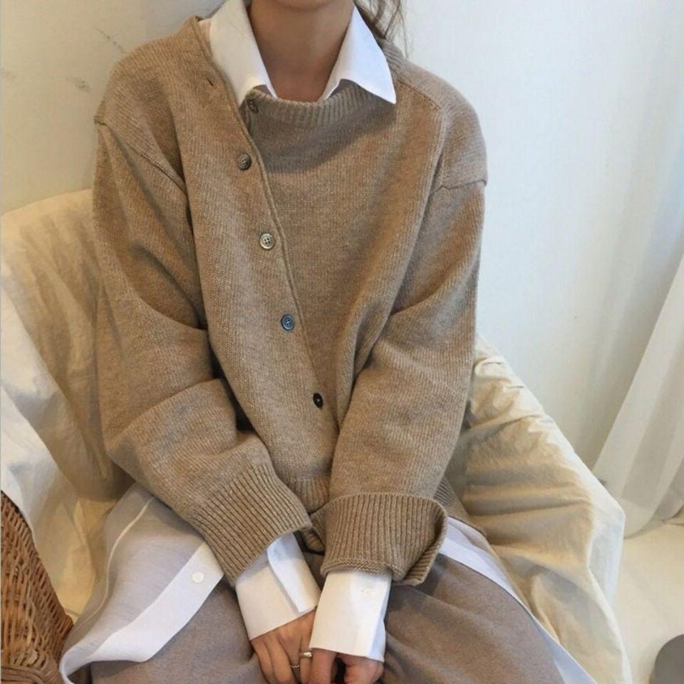 Women's Autumn Winter Sweater with Oblique Buttons and Irregular Design, Cardigan, Knitted Jacket