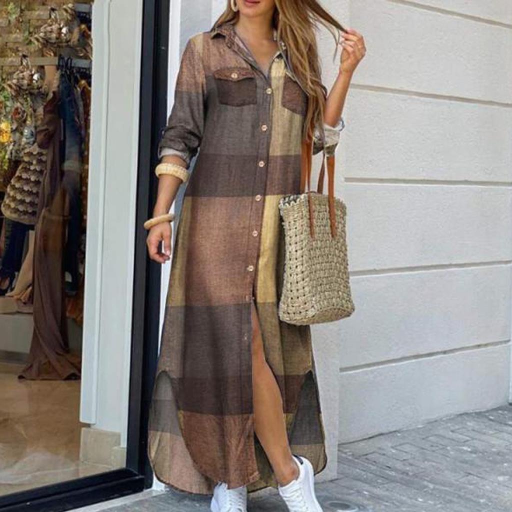 Fashion Womens Casual Loose Sexy Long Sleeve Pocket Button Shirt Print Dress