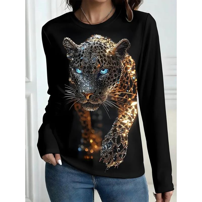 Modisches Damen Rundhals Langarm 3D Lässiges Farbdruck Lässiges Langarm Rundhals T-Shirt