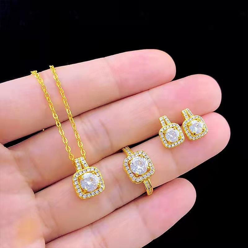 Three-Piece Zircon Gold Jewelry Set: Women's Earrings, Ring, and Necklace