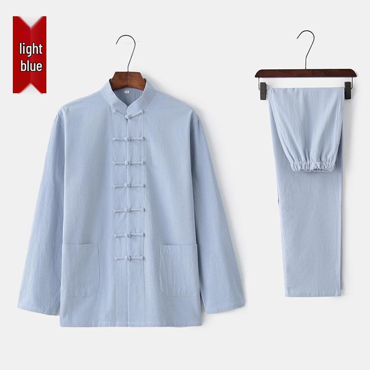 Herren Langarm Baumwolle & Leinen Tang-Anzug: Zweiteiliges Set im chinesischen Retro-Stil mit Froschknöpfen für Herbst und Frühling