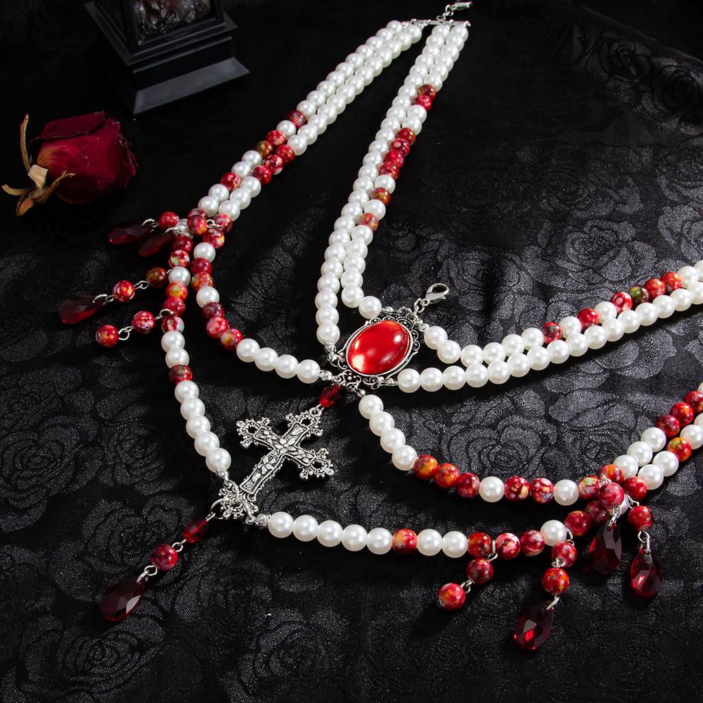 Halloween Blutbefleckte Imitationsperlen Körperkette, Gotische Blut-Tropfende Kreuz Fransen Taille Kette