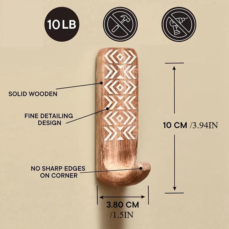 Non-Destructive Wood Wall Hooks - Adhesive Wall Hooks - Boho Decorative Wall Hooks