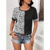 Women's Summer Leopard Print Patchwork T Shirt Round Neck Short Sleeved Top for Women