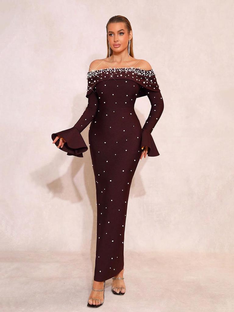 European and American Style Beaded Sequin One-Shoulder Bandage Evening Gown