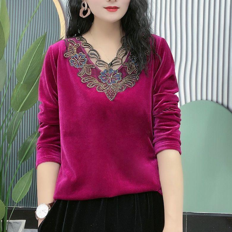 

Женская бархатная блузка со стразами, V-образный вырез, блузка большого размера, весенне-осенняя бархатная футболка с длинным рукавом 6XL розы красного