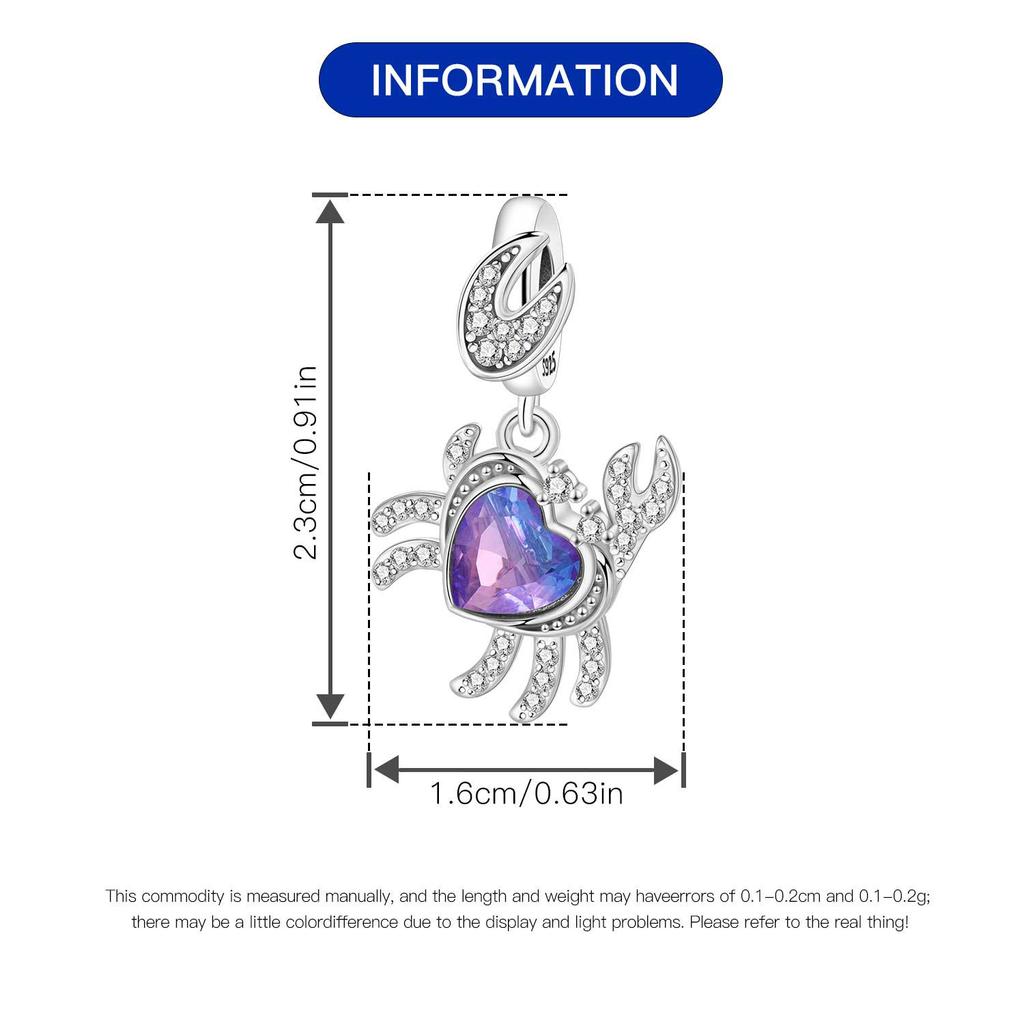 Copper Purple Heart-Shaped Crab Original Pendants Bracelet Charms Fit Jewelry Party Beads Diy Fine Gifts Accessory