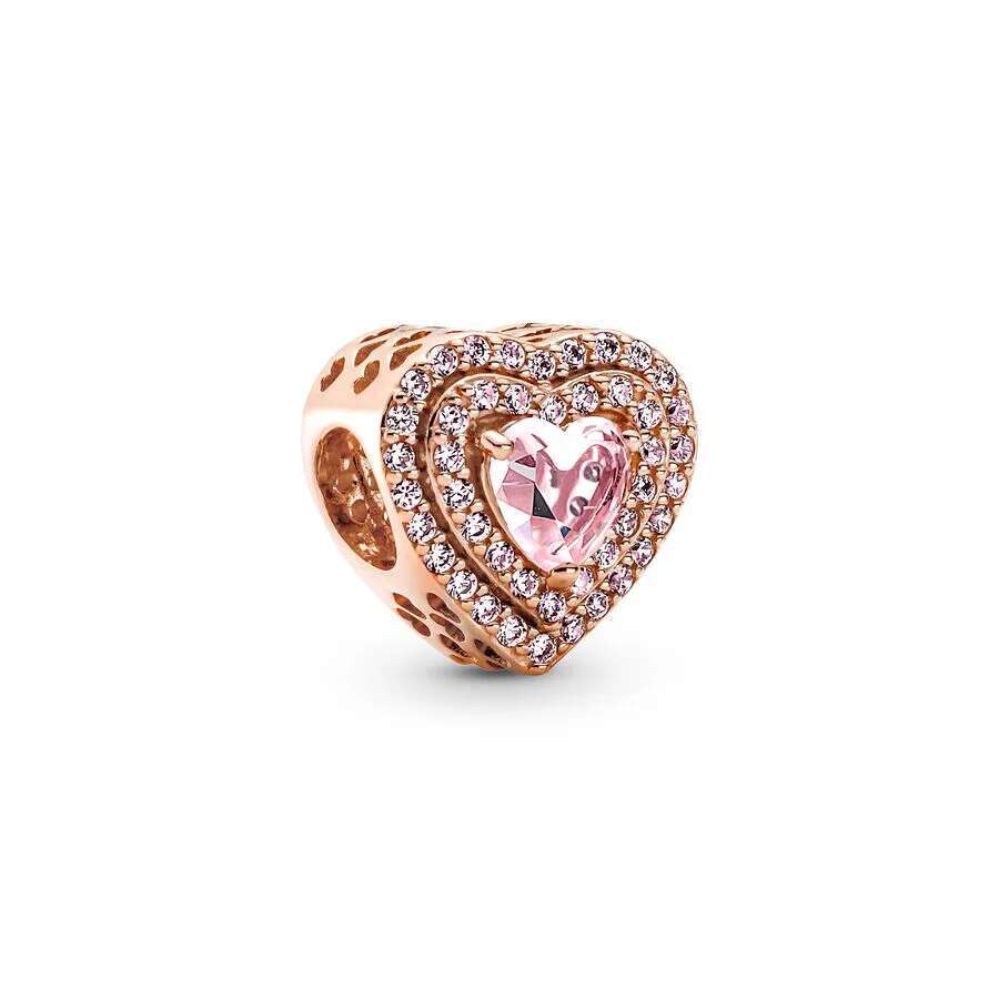 Plated Rose Gold Sparkling Pink Air Balloon & Levelled Heart Charm Bead Fit Original Sier Bracelet DIY Jewelry