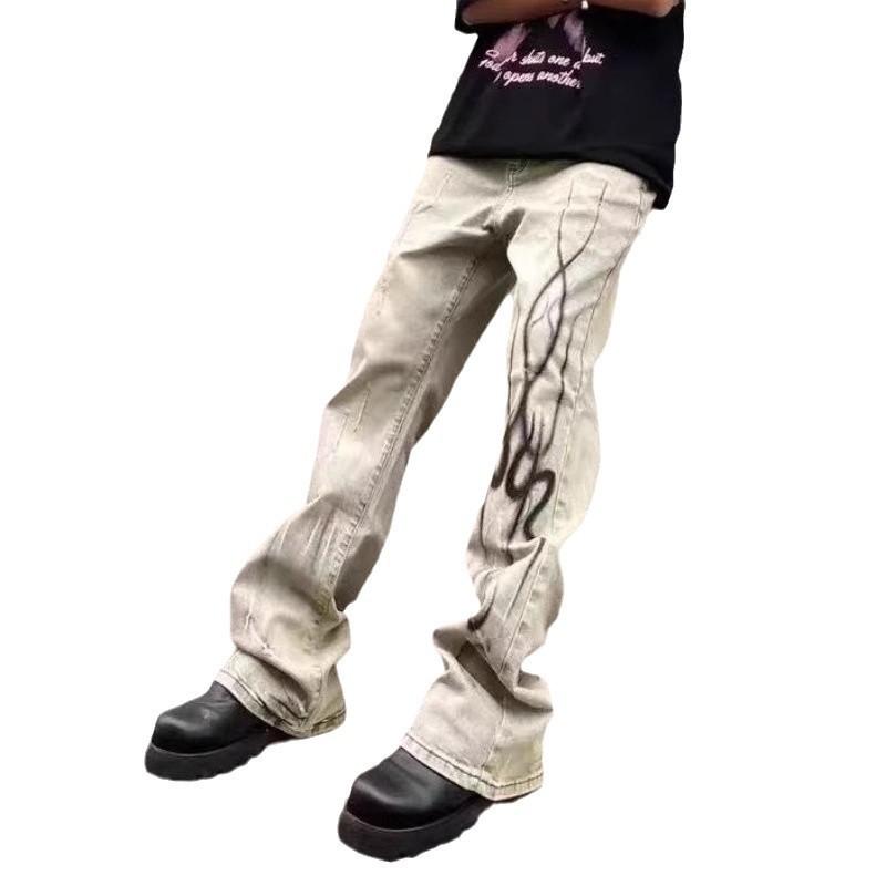 Heren Gewassen Verweerd Slim Fit Uitlopende Jeans Met Vlammenprint Middelhoge Lange Broek Casual Kleding