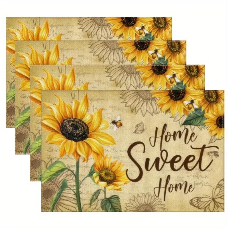 1PC Sunflower Linen Meal Mat Printed Retro Placemat for Table Decoration Kitchen Tabletop Protection and Heat Resistance