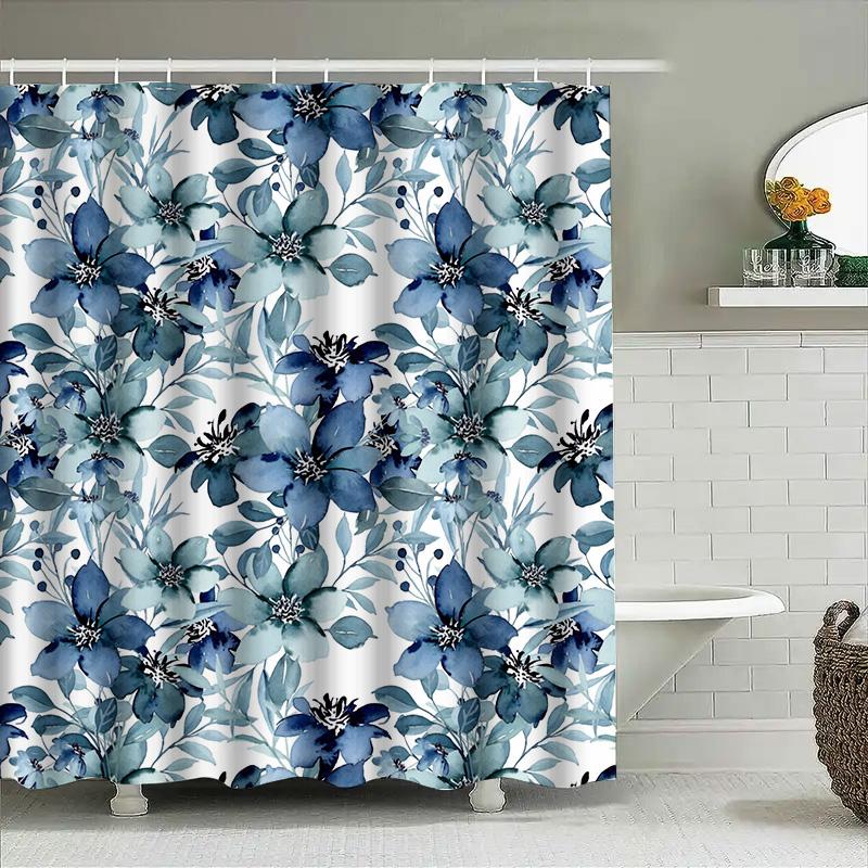 Handmade Shower Curtain With Navy Blue Flowers Pattern For Bathroom Decor Waterproof Fabric For Bathtub Area