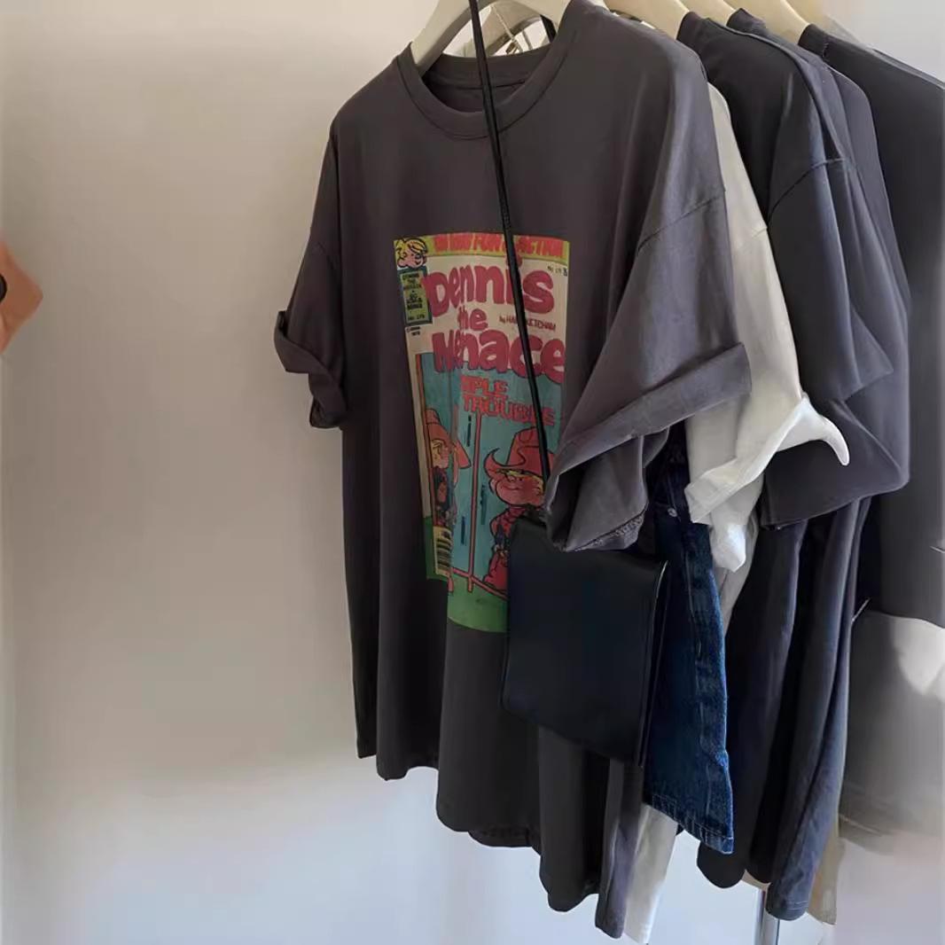 

Ретро футболка свободного кроя больших размеров с коротким рукавом для женщин - Повседневный летний топ с рукавом до локтя 3XL (145-160 kg) темно-серого