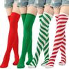 Women Girls Over Knee Long Socks Christmas Diagonal Striped Print Christmas Thigh High Stockings Holiday Party Hosiery