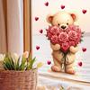 Cartoon Cute Teddy Bear with Roses and Hearts Static Cling Window Stickers No Glue for Bedroom Living Room Study Decor