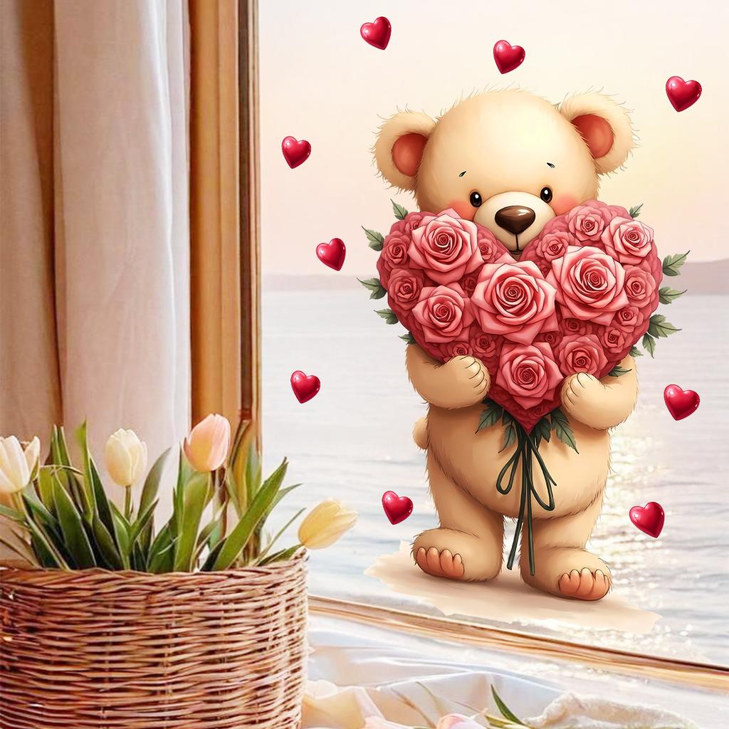 Cartoon Cute Teddy Bear with Roses and Hearts Static Cling Window Stickers No Glue for Bedroom Living Room Study Decor