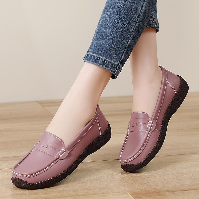 Women Simple Grey Loafers Leather Driving Moccasins Comfort Flats Casual Slip on Plus Size Black Shoes