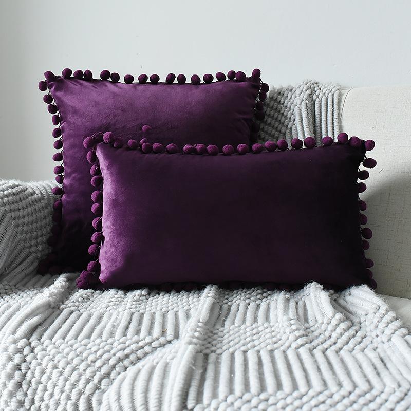 Inyahome Solid Color Velvet Throw Pompom Pillow Covers Pillowcase for Home Decor Sofa Living Room Bed Couch Farmhouse Outdoor