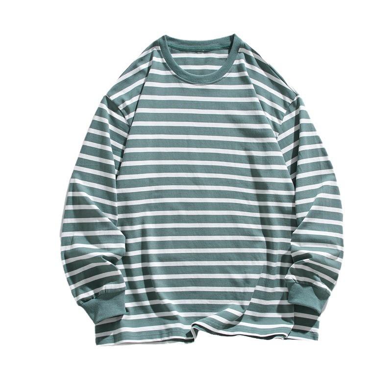 Spring and Autumn New Men's Korean Style Round Neck Contrast Color Striped Long Sleeve Pure Cotton Couple Internet Celebrity Same Style Top